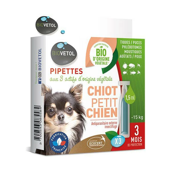 Biovetol Antiparasitaire Insectifuge Chiot & Chien <15 Kg - 3 Pipettes